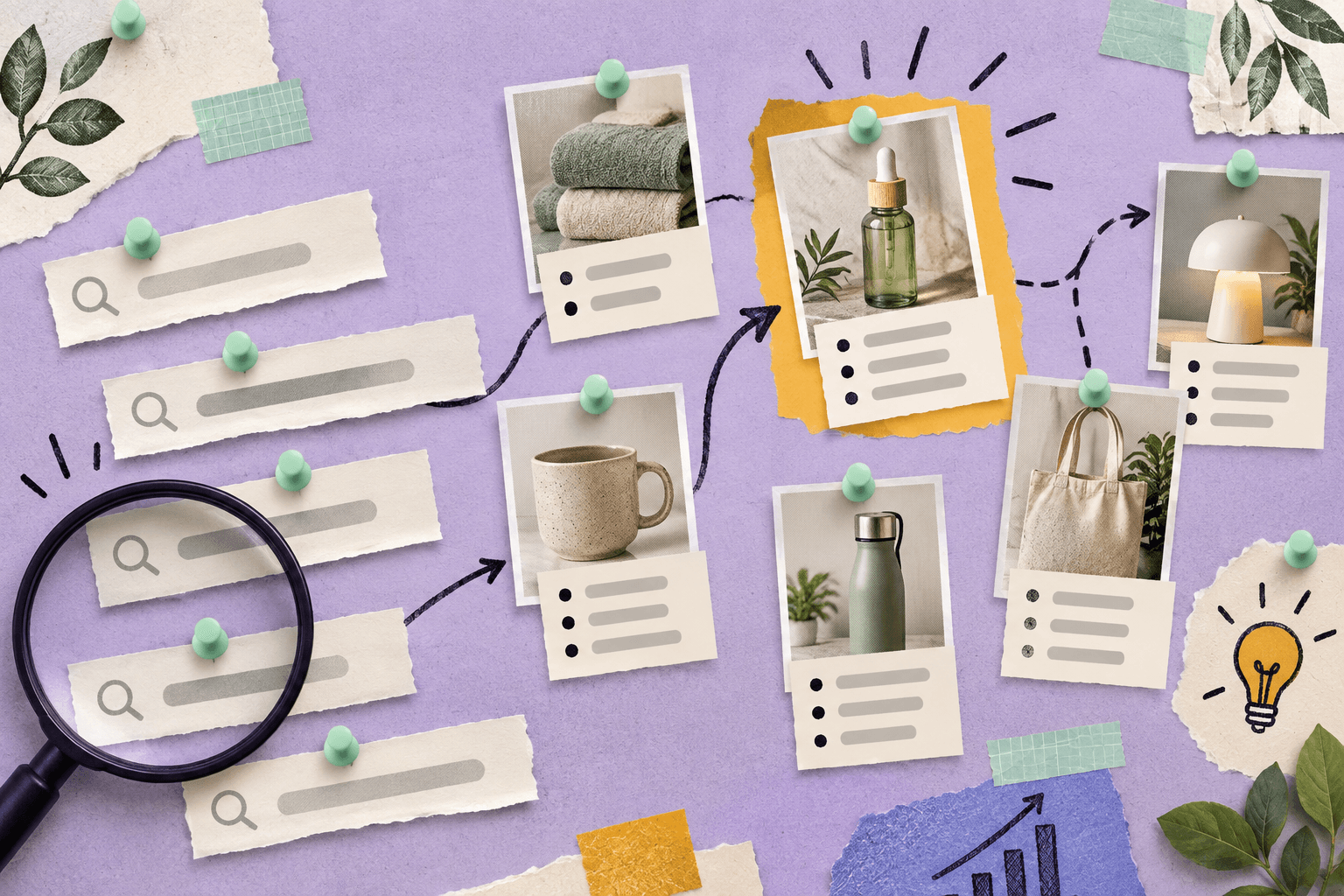 Editorial pinboard with abstract search-term strips, product photos, and a highlighted cluster representing ecommerce product discovery.