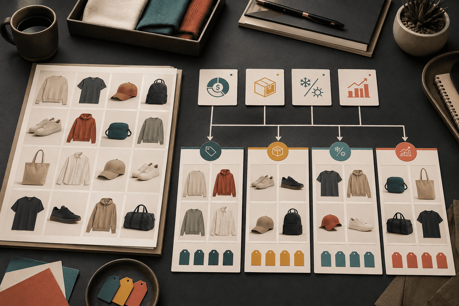 An ecommerce product catalog organized into Google Shopping groups by margin, inventory, seasonality, and selling rate.
