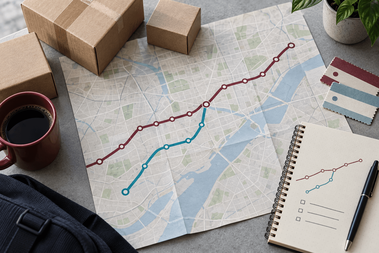 Overhead transit map with a secondary route joining an established route beside ecommerce parcels, representing a Microsoft Ads expansion test.