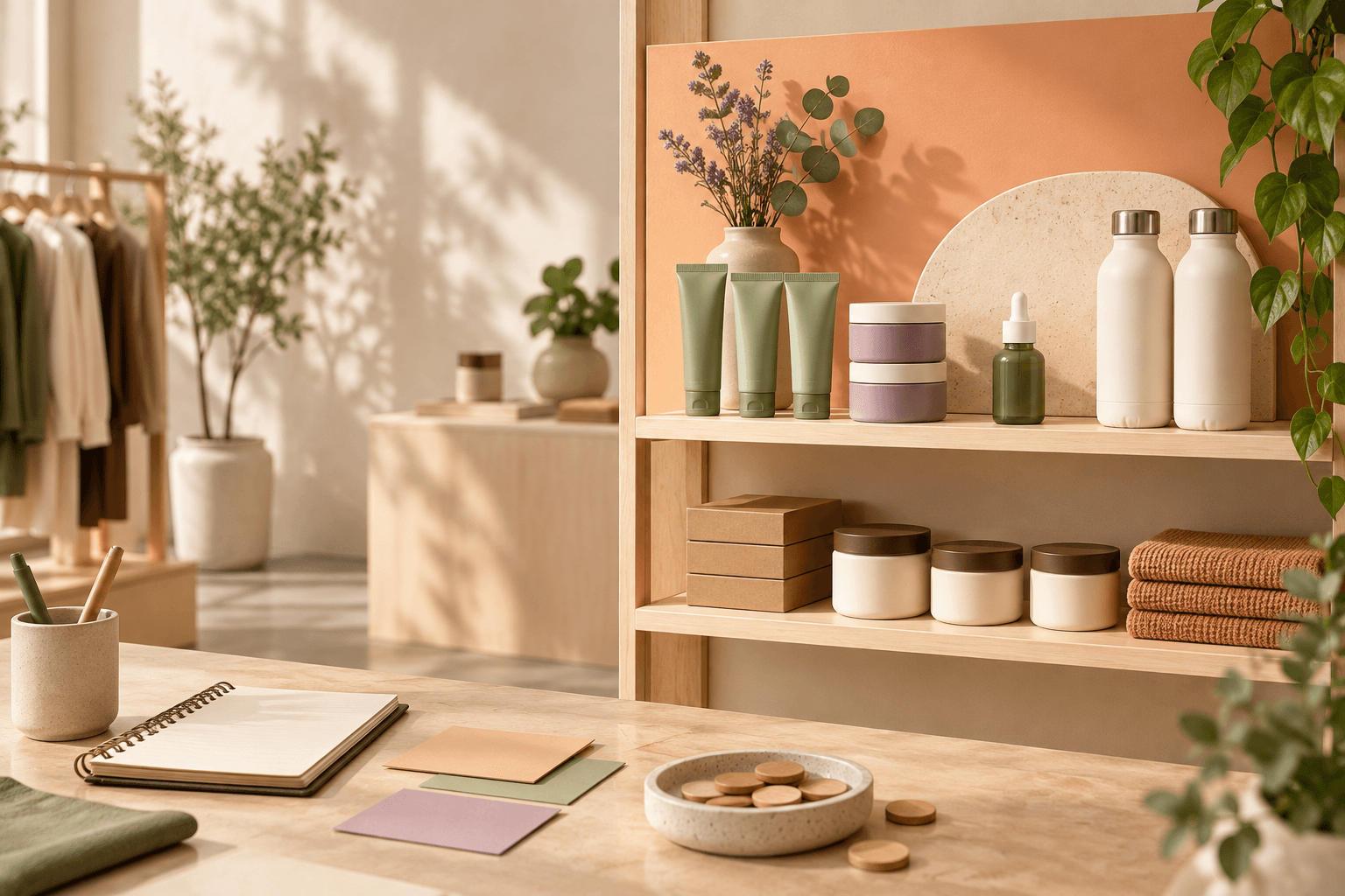 Boutique shelf with a separated new product collection, planning cards, and inventory tokens representing a campaign breakout decision.