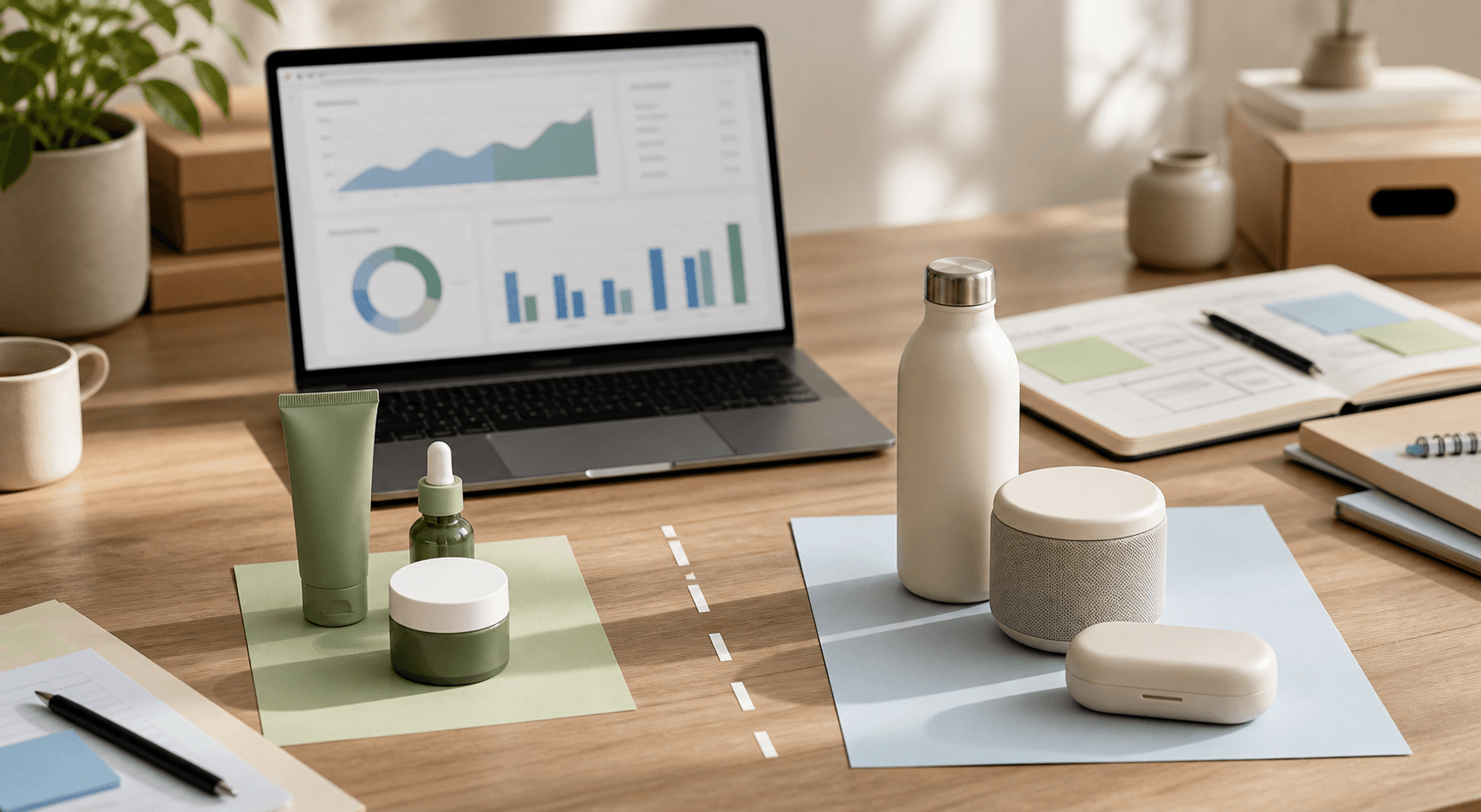 Ecommerce products grouped on a desk beside campaign performance charts, representing a decision about Google Ads campaign breakouts.