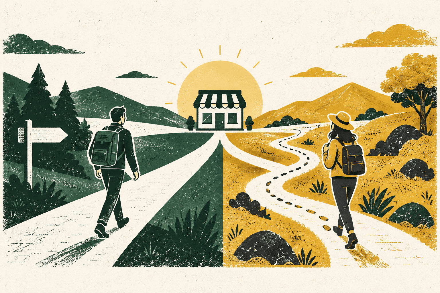 Screen-print landscape with separate familiar and exploratory paths converging on a storefront, representing branded demand versus discovery.