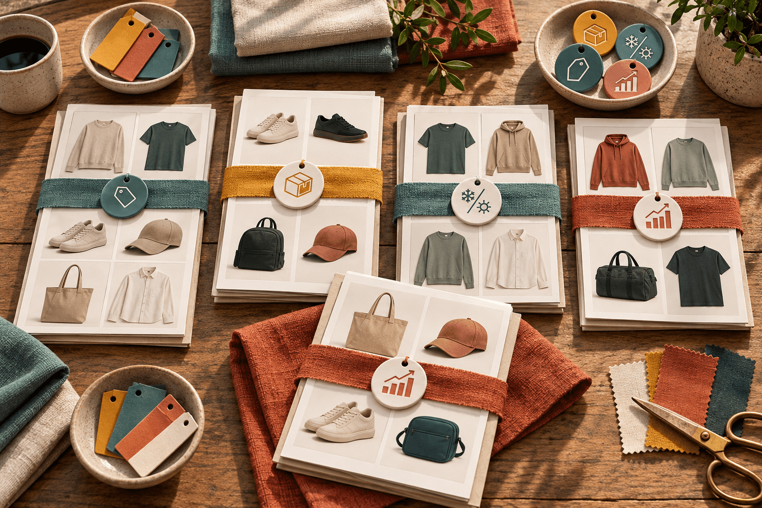 Product cards sorted with colored textile bands and ceramic tags representing Google Shopping custom labels.