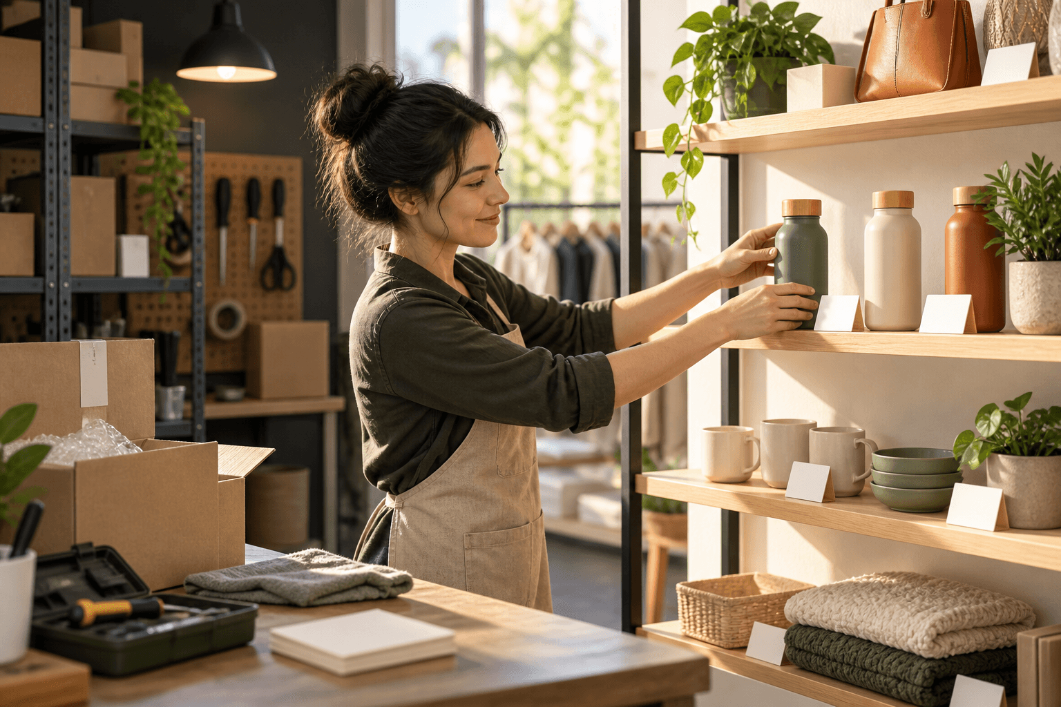 Retail worker restoring a product display from a stockroom into a clean, eligible storefront shelf.
