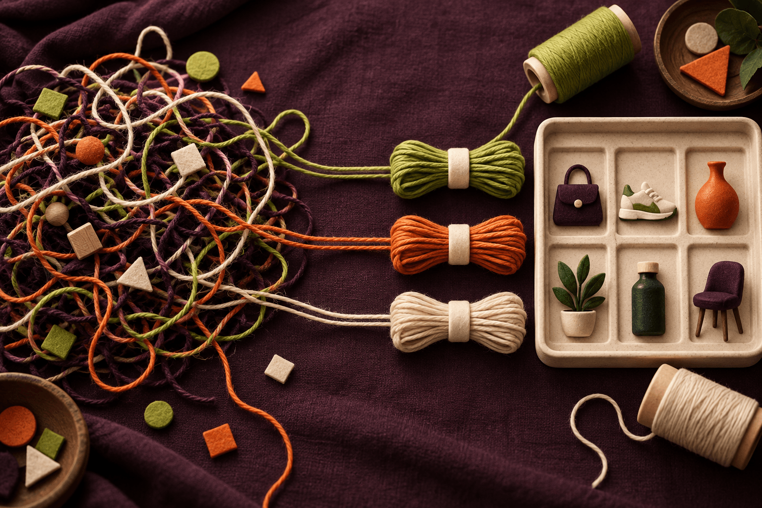 Tangled colored threads resolving into clean bundles beside a product tray, representing Performance Max campaign cleanup.