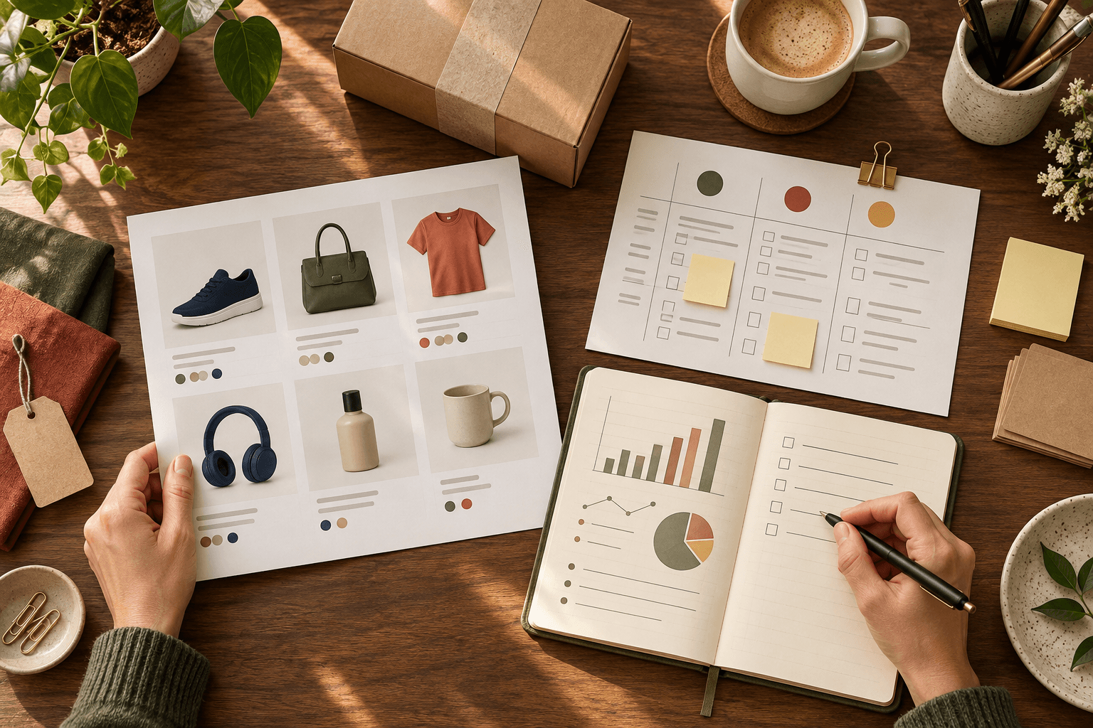 Hands arranging a product catalog, measurement notebook, parcel, and planning sheets on a workbench representing full ecommerce Google Ads management.
