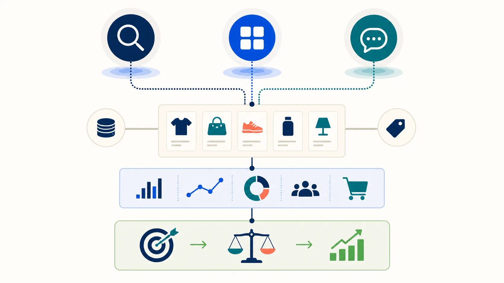 Three paid media channels connecting shared ecommerce product data to measurement and business goals