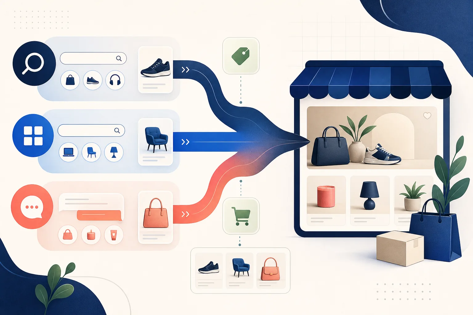 Paid search paths connecting an ecommerce product catalog to a storefront