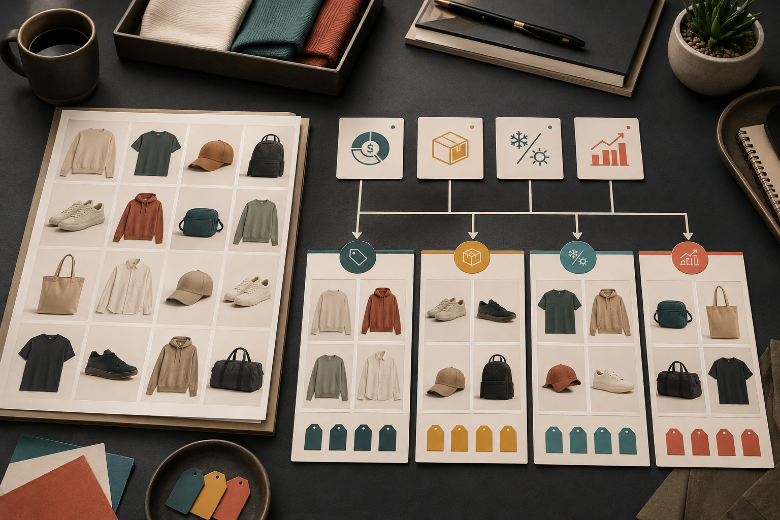 An ecommerce product catalog organized into Google Shopping groups by margin, inventory, seasonality, and selling rate.