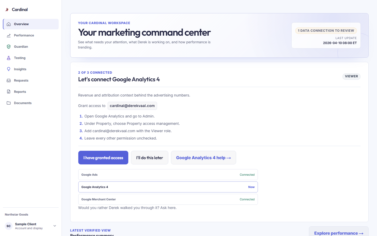 Cardinal overview showing reports, account health, and reviewed next steps